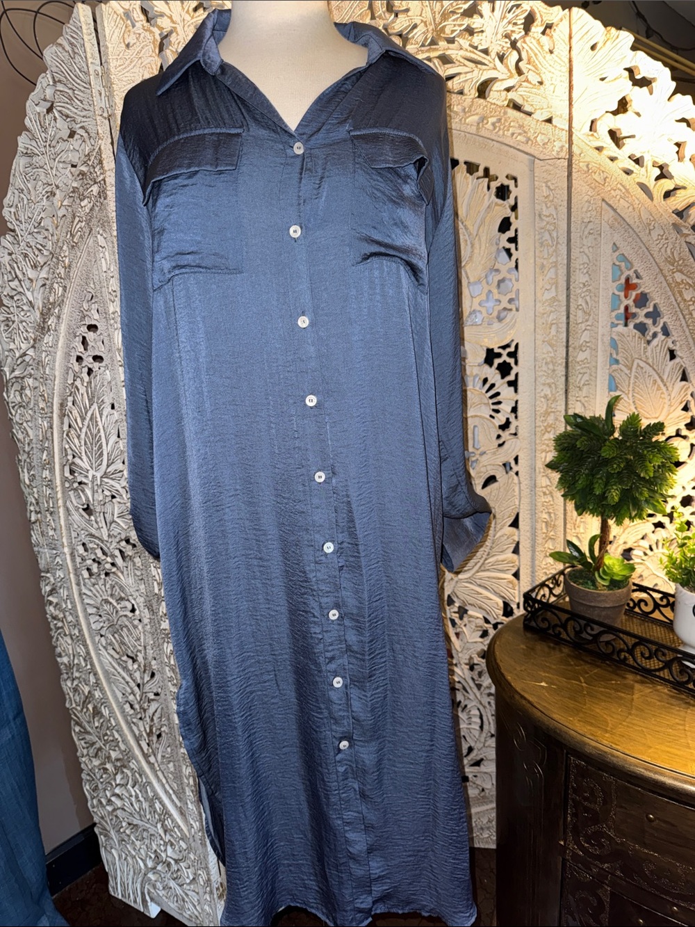 Umgee Navy Blue Satin Button-Front Maxi Dress